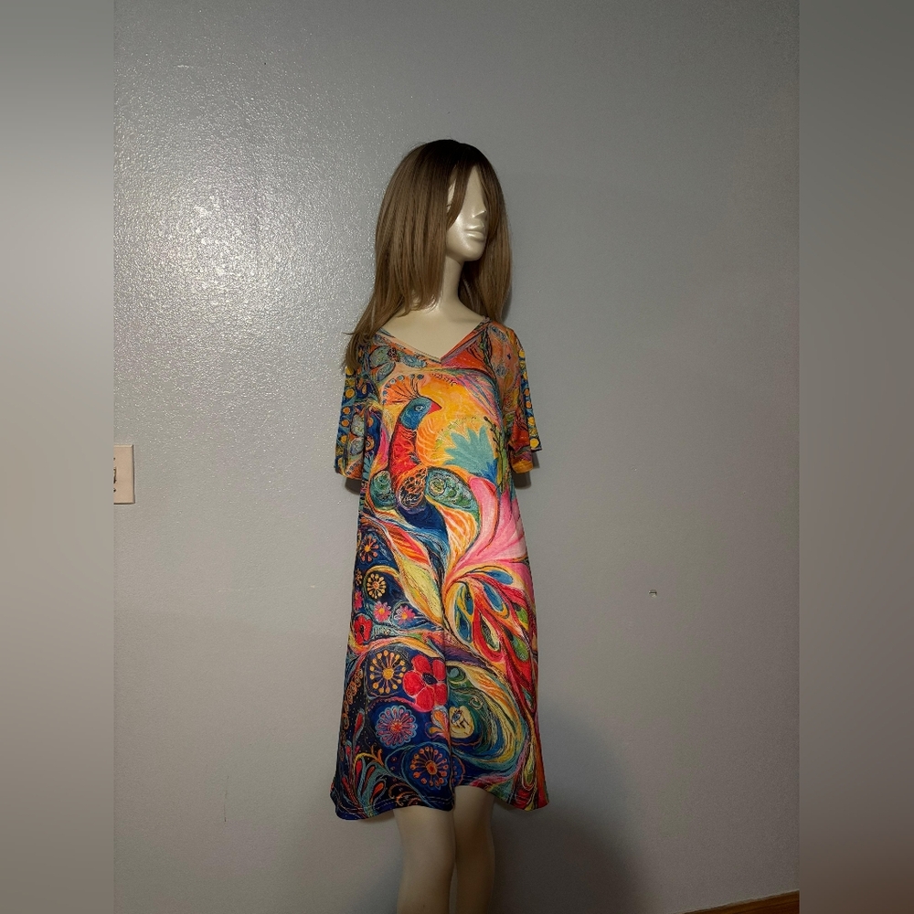 Colorful Patterned Women's Dress In Peacock Design | Various Sizes | M, L, XL - Picture 2 of 3